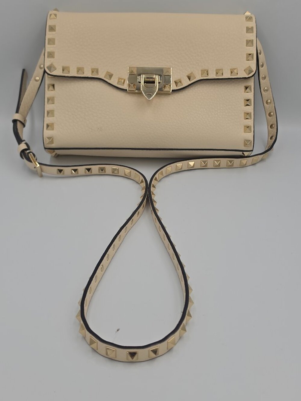 Valentino Garavani Rockstud Ivory Leather Flap Crossbody Bag Gold Hardware